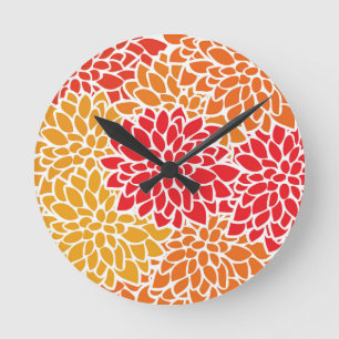 Orange-Rote Farbige Vintage 60er Jahre Blume Runde Wanduhr