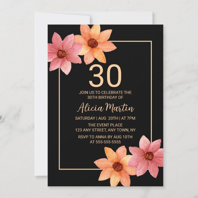 Orange Rote Herbstflora jedes Alters Schwarzer Geb Einladung (Vorderseite)