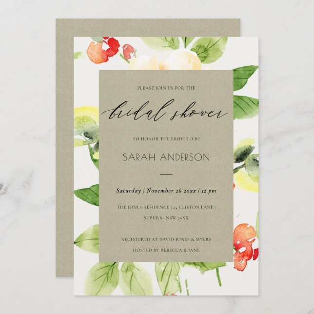 ORANGE ROTE ROSE WATERCOLOR FLORAL BRAUTPARTY EINLADUNG (Vorne/Hinten)