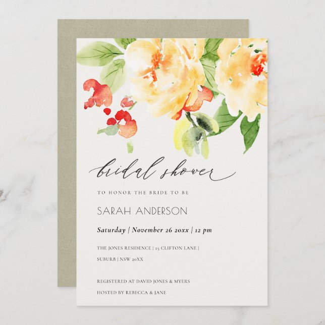 ORANGE ROTE ROSE WATERCOLOR FLORAL BRAUTPARTY EINLADUNG (Vorne/Hinten)