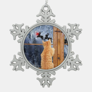Orange rotes Weihnachten Punkt der Tabbykatze Schneeflocken Zinn-Ornament