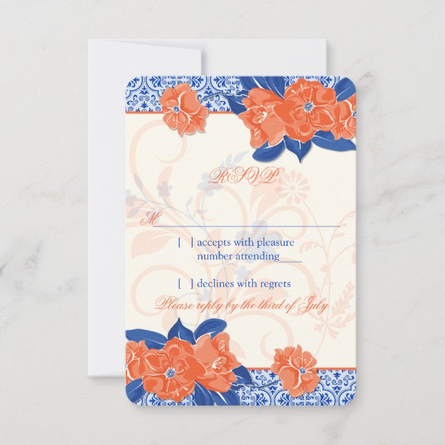 Orange Royal Blue Floral Wedding RSVP Reply Karte (Vorderseite)