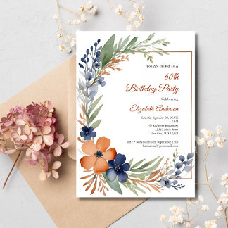 Orange Rust Blue Watercolor Floral 60. Geburtstag Einladung