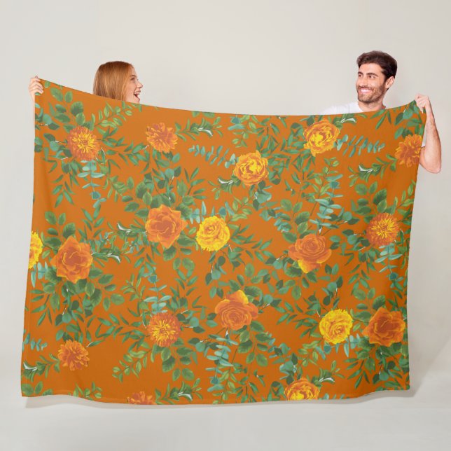 Orange & Rust Fall Peony & Rose Blumenhochzeit Fleecedecke (Beispiel)
