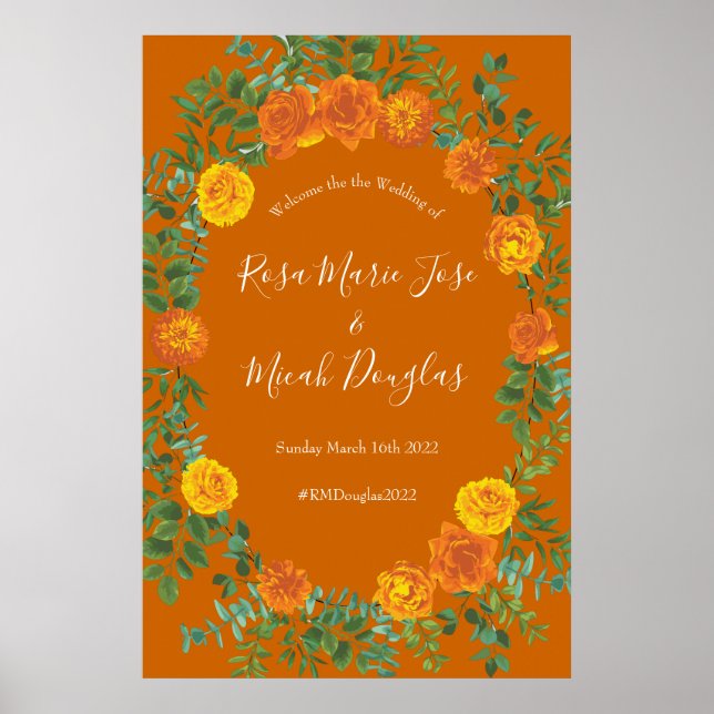 Orange & Rust Fall Peony & Rose Blumenhochzeit Poster (Vorne)