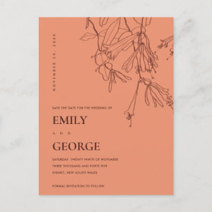 ORANGE RUST RED LINIE ZEICHNE FLORAL SAVE THE DATE ANKÜNDIGUNGSPOSTKARTE