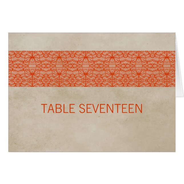 Orange Rustic Lace Tischnummer Card (Vorderseite (Horizontal))