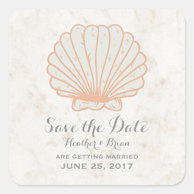 Orange Rustic Seashell Save the Date Quadratischer Aufkleber (Vorderseite)
