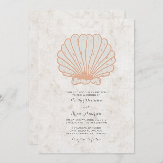 Orange Rustic Seashell Wedding Einladung (Vorne/Hinten)