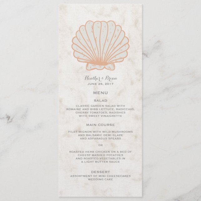 Orange Rustic Seashell Wedding Menu Menükarte (Vorderseite)
