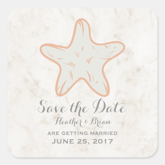 Orange Rusticus Starfish Save the Date Quadratischer Aufkleber (Vorderseite)