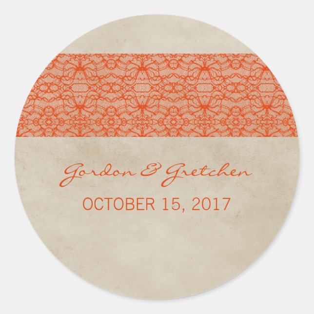 Orange Rustikale Spitzen-Hochzeitskleber Runder Aufkleber (Vorderseite)