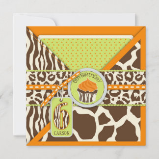 Orange Safari Animal Print Cupcake 6. Geburtstag Einladung