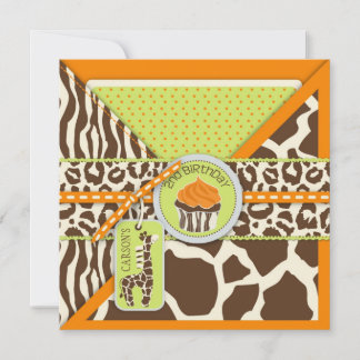 Orange Safari Giraffe & Cupcake 2. Geburtstag Einladung