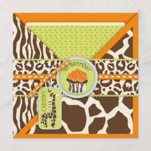 Orange Safari Giraffe & Cupcake Erster Geburtstag Einladung