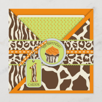 Orange Safari und Cupcake zum ersten Geburtstag Einladung