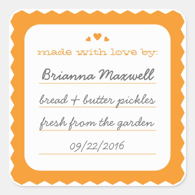 Orange Scallop Hearts Jar Label Square Sticker (Vorderseite)