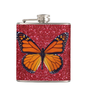 Orange Schmetterling auf roter Glitzer-Flasche Flachmann