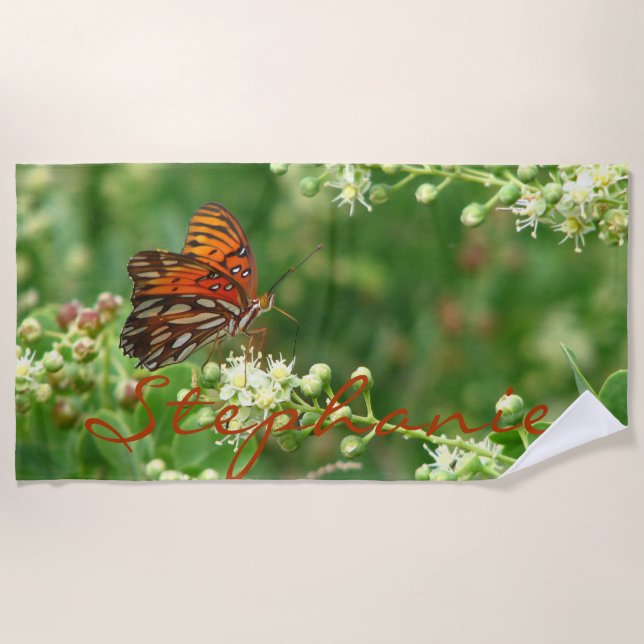 Orange Schmetterlings-Badetuch mit Namen Strandtuch (Vorderseite)