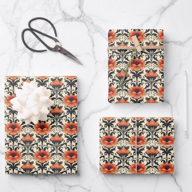 Orange/Schwarz/Grau-Blumenjugend Geschenkpapier Set (Vorderseite)