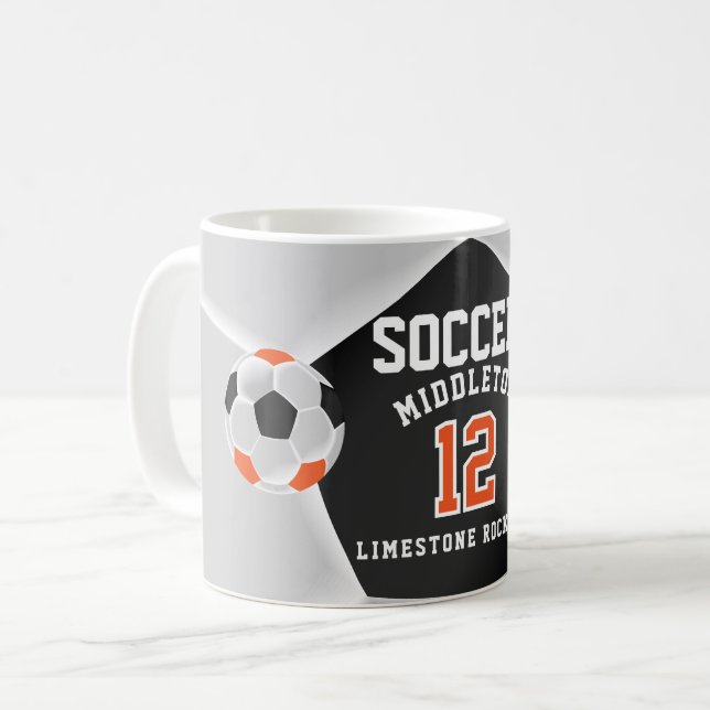Orange, Schwarz und Weiß ⚽ Fußball Sport Kaffeetasse (Vorderseite Links)