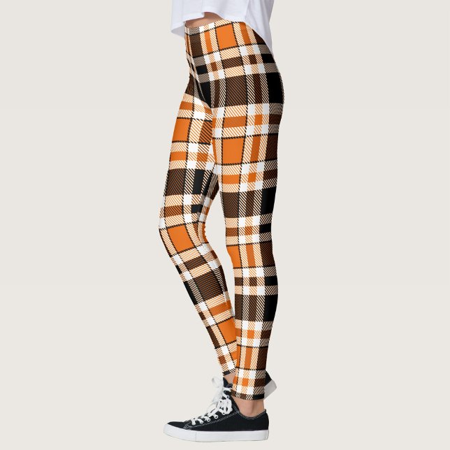 Orange Schwarz-weiß Flannel Tartan Muster Design Leggings (Von Creator hochgeladen)