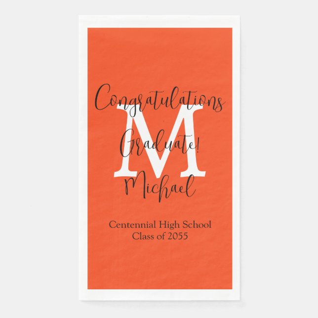 Orange Schwarz-weiß Monogramm Abschluss Graduate Serviette (Vorderseite)