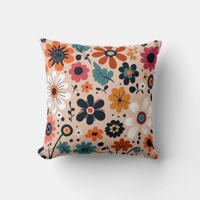 Orange Schwarze Blume Muster Beige Hintergrund Kissen (Vorderseite)
