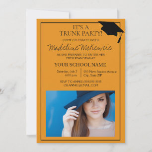 Orange Schwarze College-Koffer-Party-Foto-Einladun Einladung