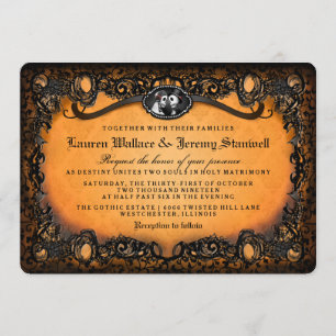 Orange schwarze elegante Skeleton Hochzeit Einladung
