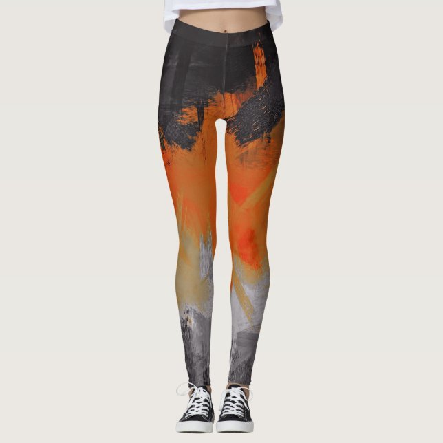Orange schwarze graue abstrakte Malerei Leggings (Vorderseite)