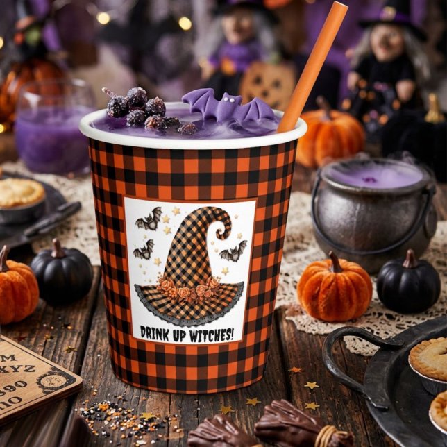 Orange & schwarzer Gingham Halloween Hexenhut & Fl Pappbecher (Von Creator hochgeladen)