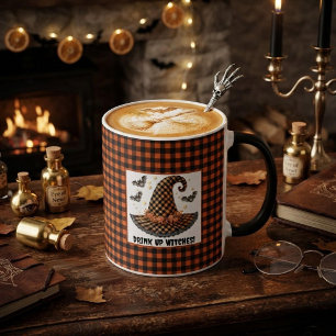 Orange & schwarzer Gingham Halloween Hexenhut & Fl Tasse