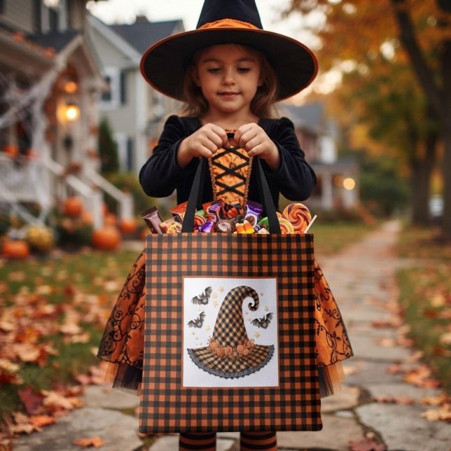 Orange-schwarzer Gingham-Halloween-Hexenhut & Fled (Von Creator hochgeladen)
