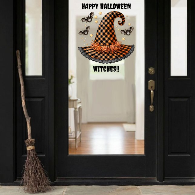 Orange & schwarzer Gingham-Hexenhut & Fledermäuse Fensteraufkleber (Von Creator hochgeladen)