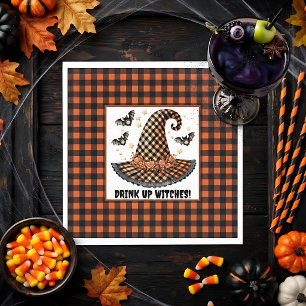 Orange & schwarzer Gingham-Hexenhut & Fledermäuse Serviette