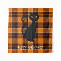 Orange-Schwarzer Tartan Karo Schwarze Katze Hallow