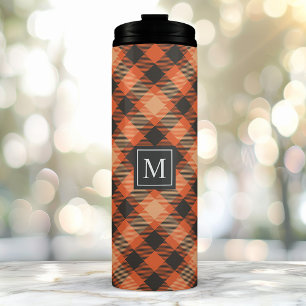 Orange Schwarzes Herbst-Tartan-Karo-Muster Monogra Thermosbecher