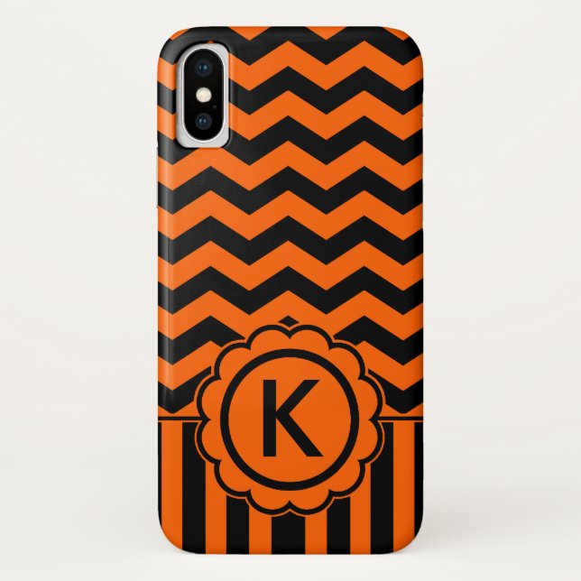 Orange schwarzes Zickzack-Monogramm Case-Mate iPhone Hülle (Rückseite)