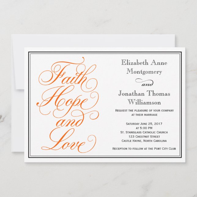 Orange Script Faith Hope Liebe Hochzeit Einladung (Vorderseite)