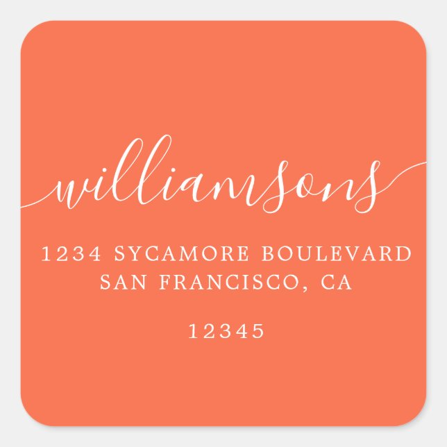 Orange Script Family Return Address Label Quadratischer Aufkleber (Vorderseite)
