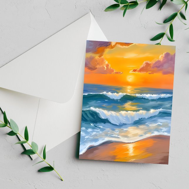 Orange Sea Sunset Watercolor Ocean Painted Card (Von Creator hochgeladen)