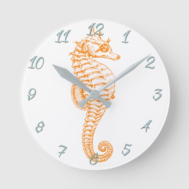 Orange Seepferd Runde Wanduhr (Vorderseite)