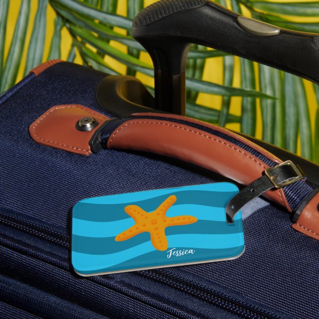 Orange Seestern Blaue Wellen Gepäckanhänger (Vorderseite Insitu 3)