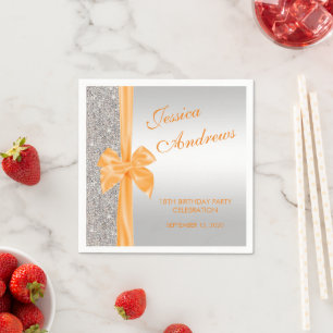 Orange Seidenschleife Silberne Pailletten 18. Gebu Serviette