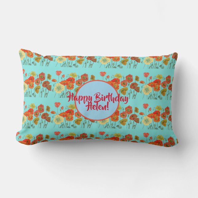 Orange Shabby Poppy Blume Lumbar Cushion Aqua Lendenkissen (Vorderseite)