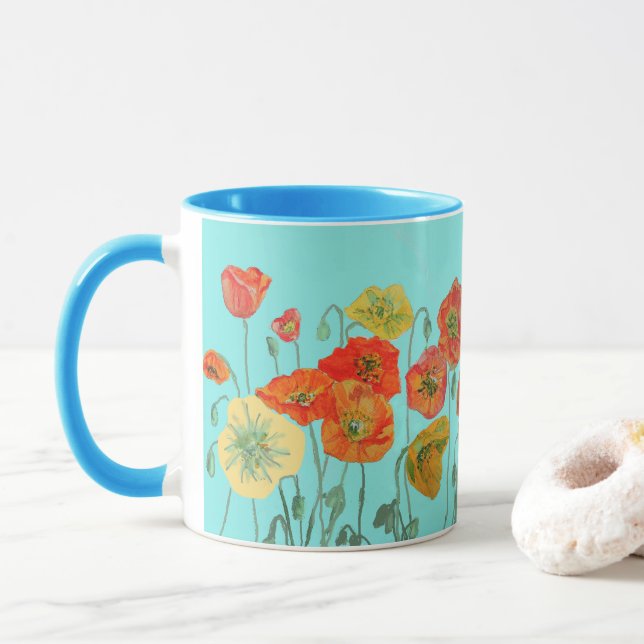 Orange Shabby Poppy Blume Mum Daughter Tasse Aqua (Mit Donut)