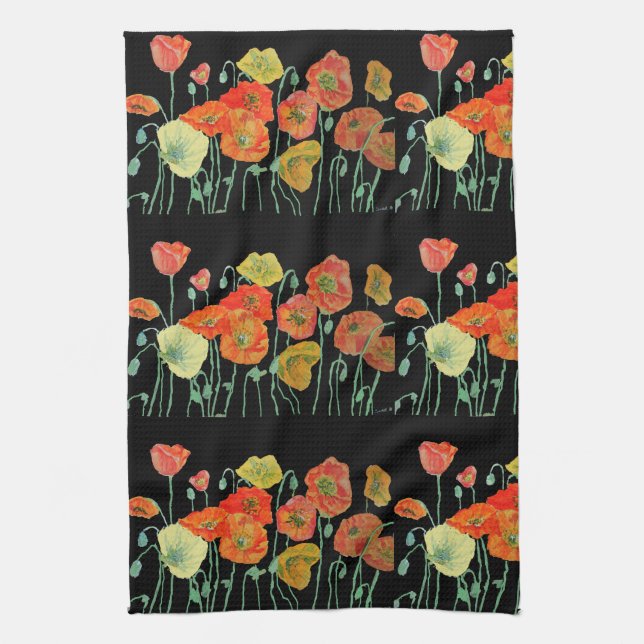 Orange Shabby Poppy Watercolor Handtuch Schwarz (Vertikal)