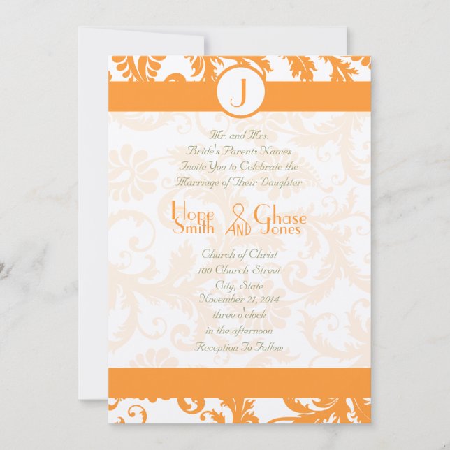 Orange Sherbert Damask Monogram Wedding Einladung (Vorderseite)