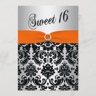 Orange, Silber, Schwarzer Damast Sweet 16 Einladun Einladung